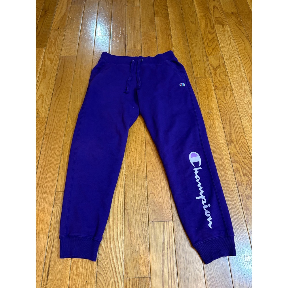 Champion Purple Jogger Sweatpants Script Logo Fleece Lined Womens Medium